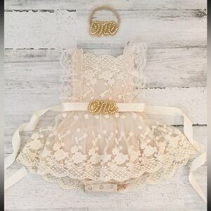 First Birthday Lace Romper & Headband – Size 12/18 M– Cake Smash Outfit